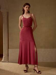 MOTF LINEN SPLIT THIGH CUT OUT DRESS - Red - View 4