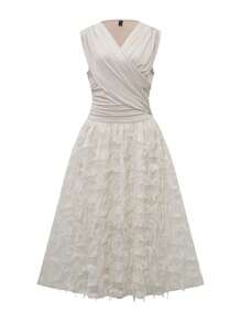 Rafferiza Elegant Vacation V-Neck Ruched Texture Splice Dress - Apricot - View 7