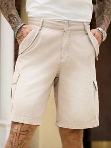 Manfinity Homme Men's Khaki Denim Cargo Shorts Casual Vacation Style With Zipper Details - Khaki - View 6