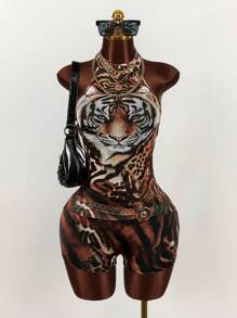 Amplova Combinaison sans manches vintage à imprimé tigre en tulle pour femmes