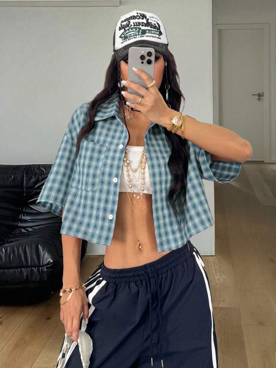 Coolane 女式春夏复古学院风短款格子宽松短款上衣新年红色衬衫 - 藍色 - 查看 1