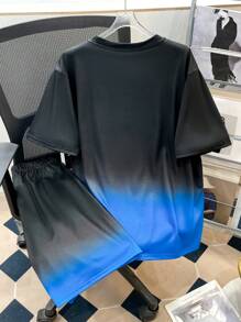 SHEIN 2 Stücke Teenager Jungen Lässig Farbverlauf T-Shirt und Shorts Set, Straßenpunk Rock Stil Outfit für Alltag, Party, Musikfestival, geeignet für Frühling/Sommer, Schwarz & Grün Englisch Aufdruck