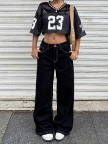 SHEIN Jeans neri con vita ampia in stile Y2K per teenager ragazze, casual per primavera ed estate, adatti per vacanze e stile boho country