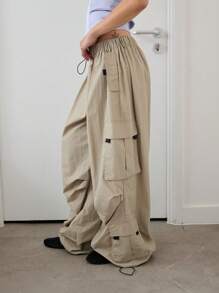 COUREZ Quần cargo ống rộng thùng thình kiểu quần dù / Phong cách đường phố Y2K mùa hè cho nữ, quần mùa hè, quần đi nghỉ mát, phong cách vintage - Màu Khaki - Xem 2