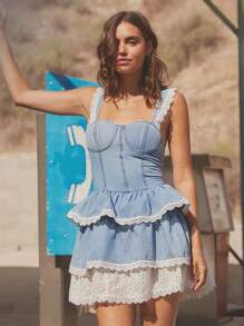 WESTFADE Đầm denim mini xếp nếp nhiều tầng cổ tim hở vai họa tiết hoa bằng cotton pha trộn Mix Media, không tay, kiểu corset, trang phục hòa nhạc đồng quê mùa hè, kỳ nghỉ bãi biển - Rửa nhẹ - Xem 5