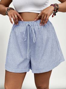 SHEIN VCAY Plus Size Elastic Waist Striped Casual Shorts - Blue - View 6