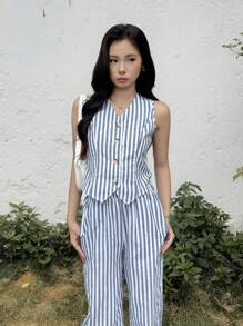 SHEIN Conjunto de Regata e Calça Assimétrica com Decote em V Listrado, Casual para Adolescentes, Confortável e Minimalista