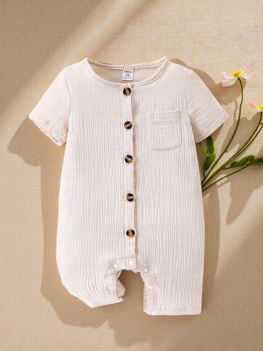 Souflis Souflis Baby Boy Simple And Comfortable White Crepe Romper, Spring/Summer - Khaki - View 1