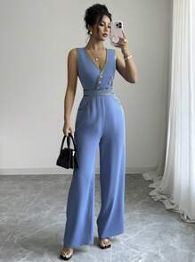 Elenzga Sleeveless Elegant Jumpsuit, New Women Clothes - Blue - View 8