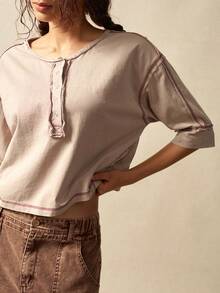 Bohemela 女士休闲纯色镂空针织短袖宽松衬衫 - 粉色 - 查看 5