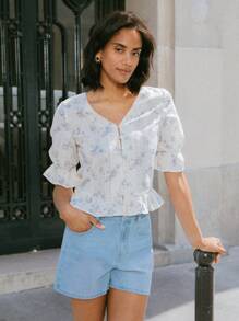 lacRébo Blusa de botones con bordado floral vintage de vacaciones, con volantes en el bajo, para oficina, atuendo de maestra, parte superior de otoño, ropa de mujer de otoño e invierno - Blanco - Ver 9