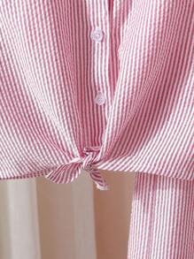 SHEIN 2 pièces/set Ensemble de chemise à manches courtes en coton tissé rayé et pantalon large pour jeunes filles. Décontracté pour printemps/été, villégiature, vacances, été, voyage