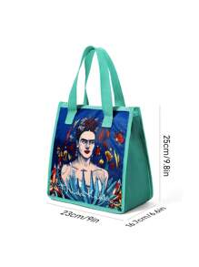 Frida Kahlo X SHEIN 1个印有艺术家卡通图案的保温午餐包，可保温或保冷，野餐包，大容量，可装午餐盒和饮料，适合野餐、露营、旅行、居家使用，适合家庭使用，花朵图案，艺术感十足，优雅时尚 - 彩色 - 查看 6