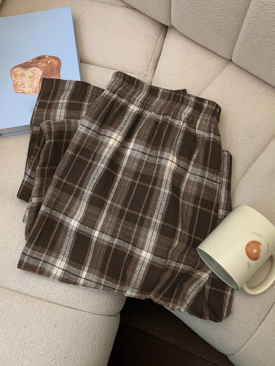 Dazy Plus Plus Size Elastic Waist Loose Plaid Cozy Pajama Bottoms, Fall & Winter - Brown - View 1