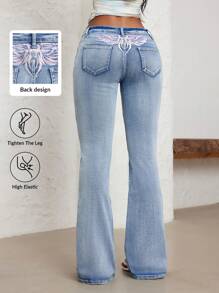 Plus Size Women Y2K Streetwear Embroidered Flare Pants - Light Wash - View 1
