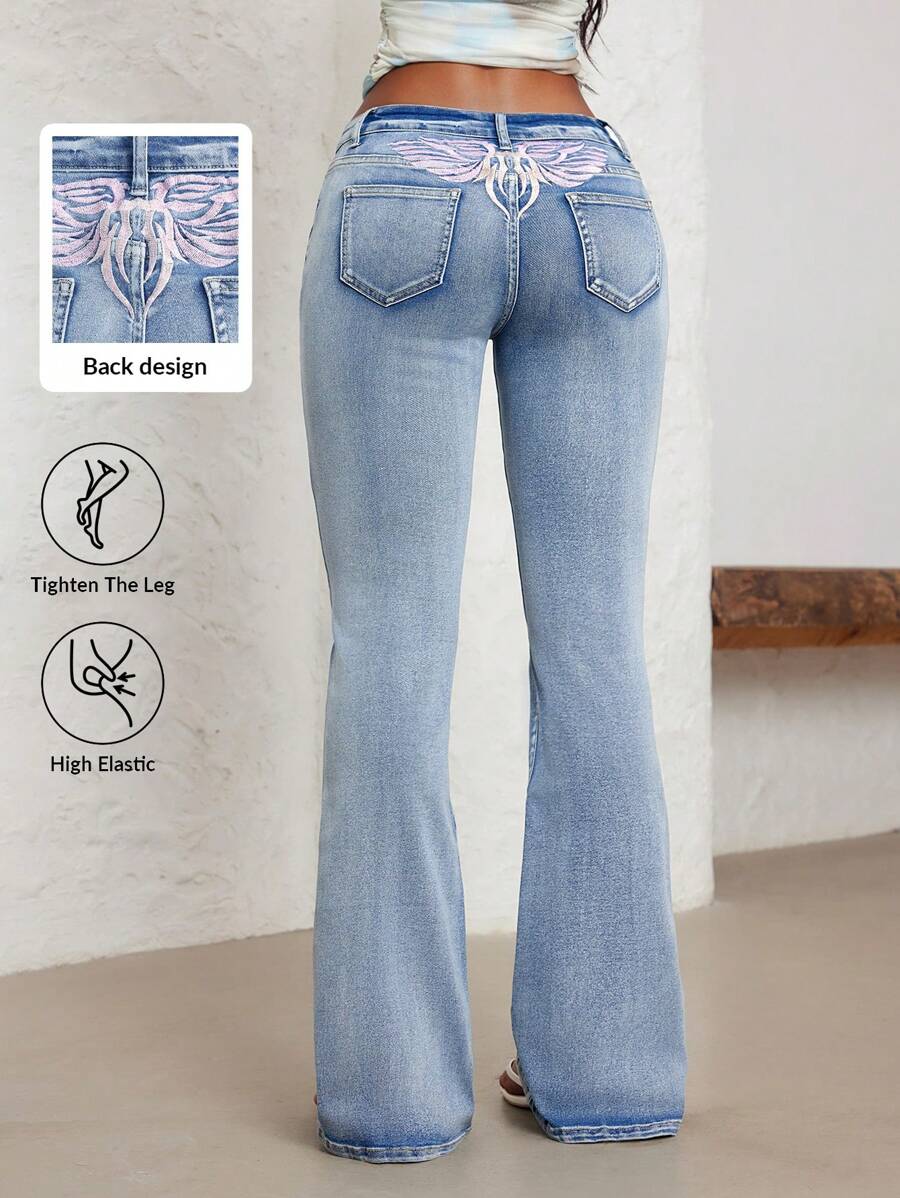 Plus Size Women Y2K Streetwear Embroidered Flare Pants - Light Wash - View 1