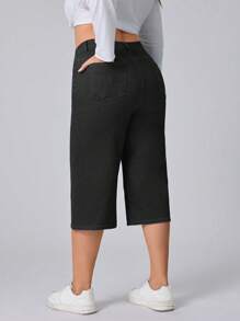 Flexra Plus Size Women Elastic Casual Straight Leg Capri Jeans - Dark Grey - View 7
