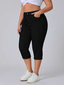 Flexra 大码女式弹力牛仔蓝色休闲七分裤 - 黑色 - 查看 6