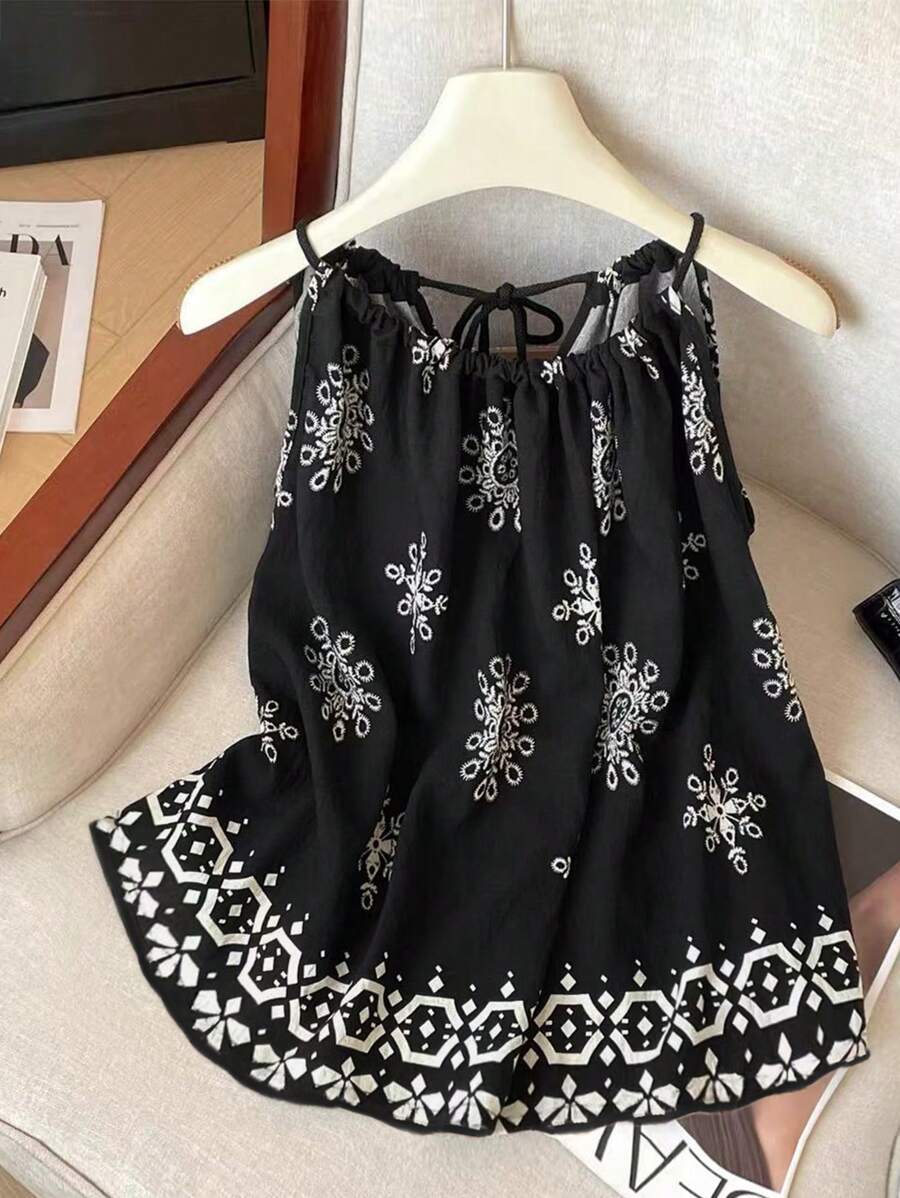 SHEIN Damen Blumen Muster locker luftiger Camisole Top mit Neckholder für den Urlaub - Schwarz - Übersicht 1