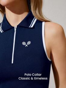CourtClass 女式无袖撞色镶边运动 Polo 衫，夏季 - 藏蓝色 - 查看 2