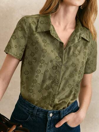 Écloséra 复古法式 H 型刺绣领短袖绿色女式军装衬衫，夏季