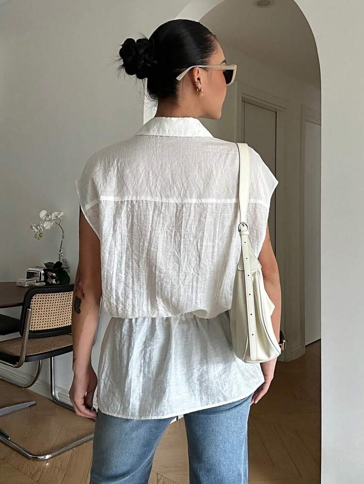 Women's Solid Color Loose Turndown Collar Pocket Cinched Waist Hem Casual Vintage Shirt For Summer