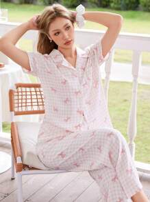 Softscene Pink Plaid & Bow Print Lapel Loose Short Sleeve Pajama Set For Women - Pink - View 6