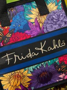 Frida Kahlo X SHEIN Bolsa térmica para el almuerzo con diseño floral de artista, mantiene la comida caliente o fría, bolsa de picnic, gran capacidad, puede contener cajas de almuerzo y bebidas, adecuada para picnics, camping, viajes, uso doméstico, adecuada para familias, niños y estudiantes, flores, artístico, elegante