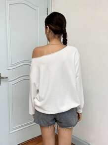 SHEIN 少女休闲舒适不对称领星形印花长袖卫衣 - 白色 - 查看 2