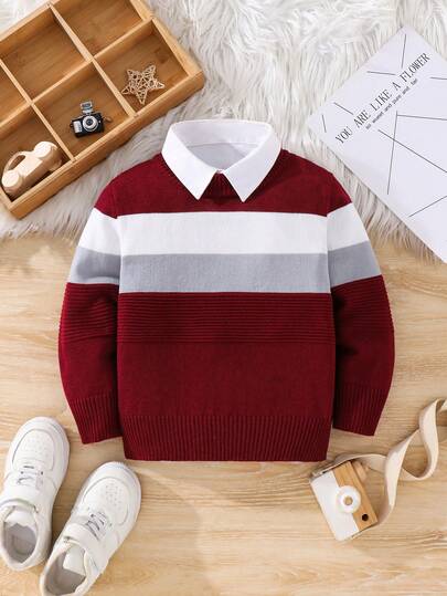 SHEIN 秋冬儿童/男童休闲日常装舒适拼色圆领长袖套头衫