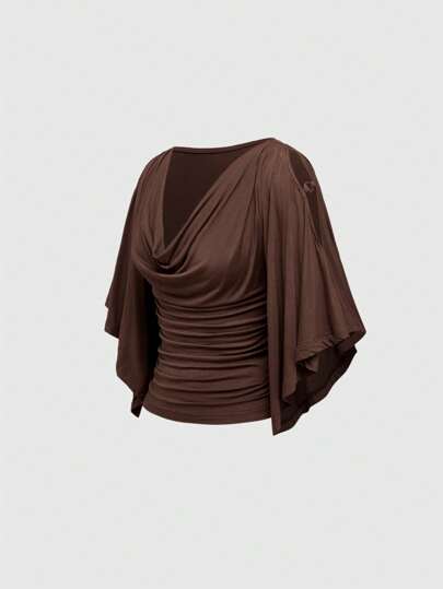 ROMWE Hippie Spring/Summer Vintage Loose T-Shirt With Wooden Bead Decoration, Draped Neck, Waist Gathering, Bat Sleeves