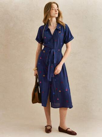 Écloséra Women's Elegant Lapel Short Sleeves Tie Contrast Color Embroidered Flowers Long French Holiday Dress Women's Summer Clothing Women's Summer Dress Female Holiday Wear