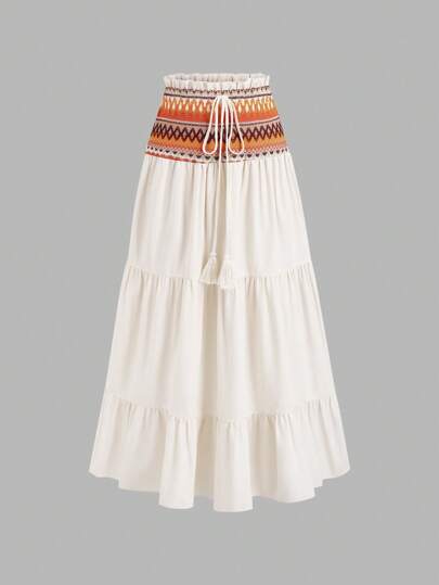 Sweetra Women's Summer Spring Beach Holiday Bohemian Beige Patchwork Heterogeneous Frill Waist Drawstring Fringe Trim Long Skirt