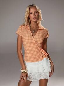 TRNVIE 春夏新款休闲橙色度假女士格子蝴蝶结裹身交叉柔软短袖衬衫 - 亮橙色 - 查看 4