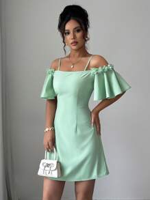 Elenzga Rochie elegantă scurtă pentru femei, cu decor floral 3D, în culori solide, cu umăr gol