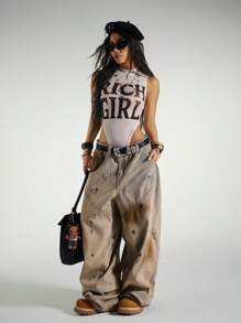 StreetHx 女式朋克摇滚女孩字母印花性感透明网眼无袖紧身衣 - 白色 - 查看 5