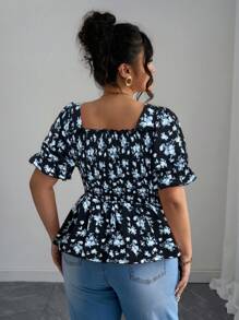 Elenzga Vacation-Inspired Slim-Fit Shirt Design Ditsy Floral Top Floral Top Square Neck Top Puff Sleeve Top Babydoll Top - Multicolor - View 2