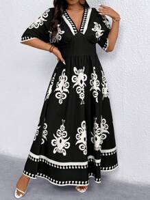 SHEIN Clasi Vestido estampado de manga corta y cuello en V para mujer talla grande, estilo vacacional - Negro - Ver 6