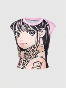 ROMWE Avant 2pcs/Set Y2K Anime Style Printed Crop Top And Tight Skirt For Girls - Pink - View 8