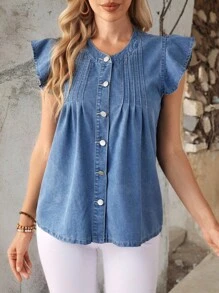 SHEIN LUNE Women's Summer Single Breasted Mini Cap Sleeve Casual Denim Shirt Blouse - Blue - View 8