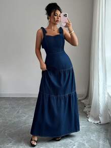 Elenzga 女式荷叶边下摆系带肩牛仔吊带裙 - 深色水洗藍 - 查看 6