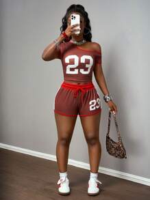 Slaydiva 2025 Spring Summer New Bohemian Music Festival Country Easter Casual Daily Beach Holiday Party Street Chic Sexy Sweet Cute Y2K Cropped Knit Halter Asymmetrical Neck Asymmetric Short Sleeve Tee Top Paired With Brown Red Color Blocking High Waist Drawstring Shorts 2 Pieces Women Set