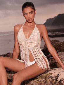 Opulessa Áo choàng đi biển hở lưng viền tua rua khoét rỗng cho kỳ nghỉ hè trên bãi biển - Màu be - Xem 4