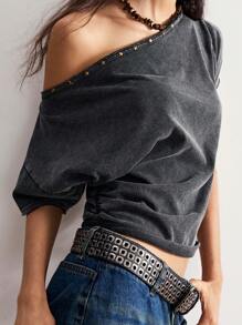 Bohemela Casual Solid Color Knit Asymmetrical Neck Loose T-Shirt For Women