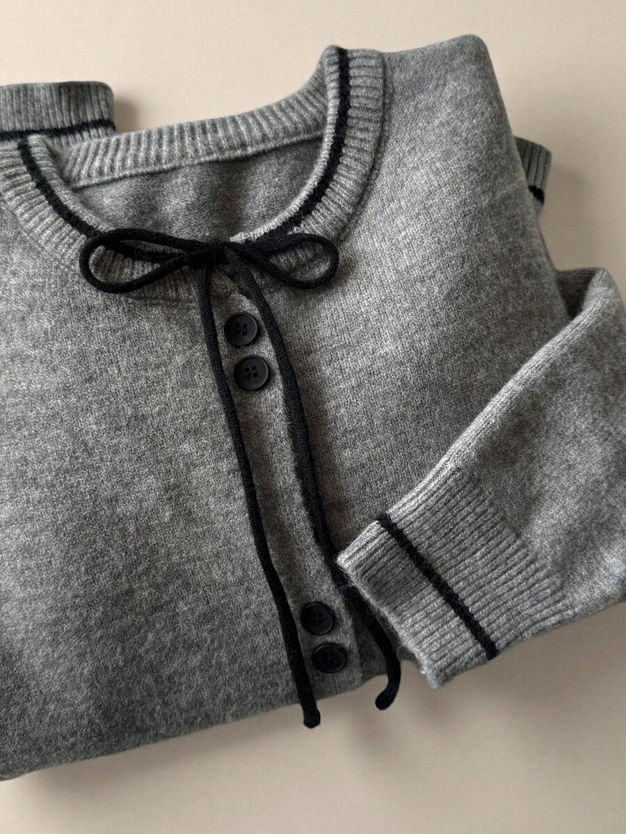 DAZY Women Contrast Color Bowknot Button Front Long Sleeve Casual Knit Sweater Fall - Apricot - View 1