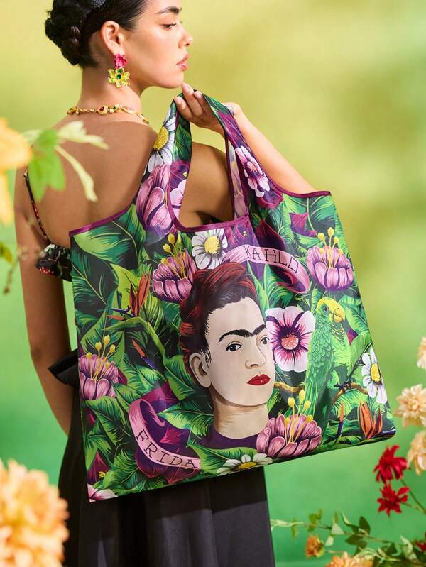 Frida Kahlo X SHEIN 1pc Artist Character Printed Polyester Foldable Shopping Bag, Tote Bag, Equipped With A Small Storage Bag With A Bead Chain, Can Be Hung On A Bag,Blossom,Flower,Artistic, Elegant