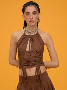 COUREZ Top con cuello halter y fruncido delantero / Blusas de verano / Casual de calle / Vintage Y2K - Marrón - Ver 2