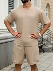 Manfinity Homme 男士夏季休闲纯色短袖T恤和短裤套装