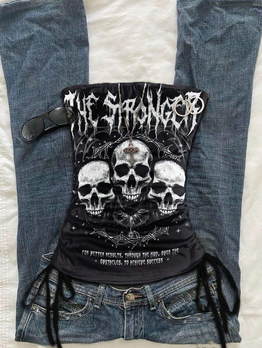 Attitoon Damen Lässig Retro Punk gerafftes Tube Top mit Krawattenfront - Verschiedenfarbig - Übersicht 1