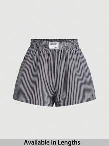 SHEIN PETITE CURVE Shorts casuales de mujer con cintura elástica con estampado de rayas y letras suelto